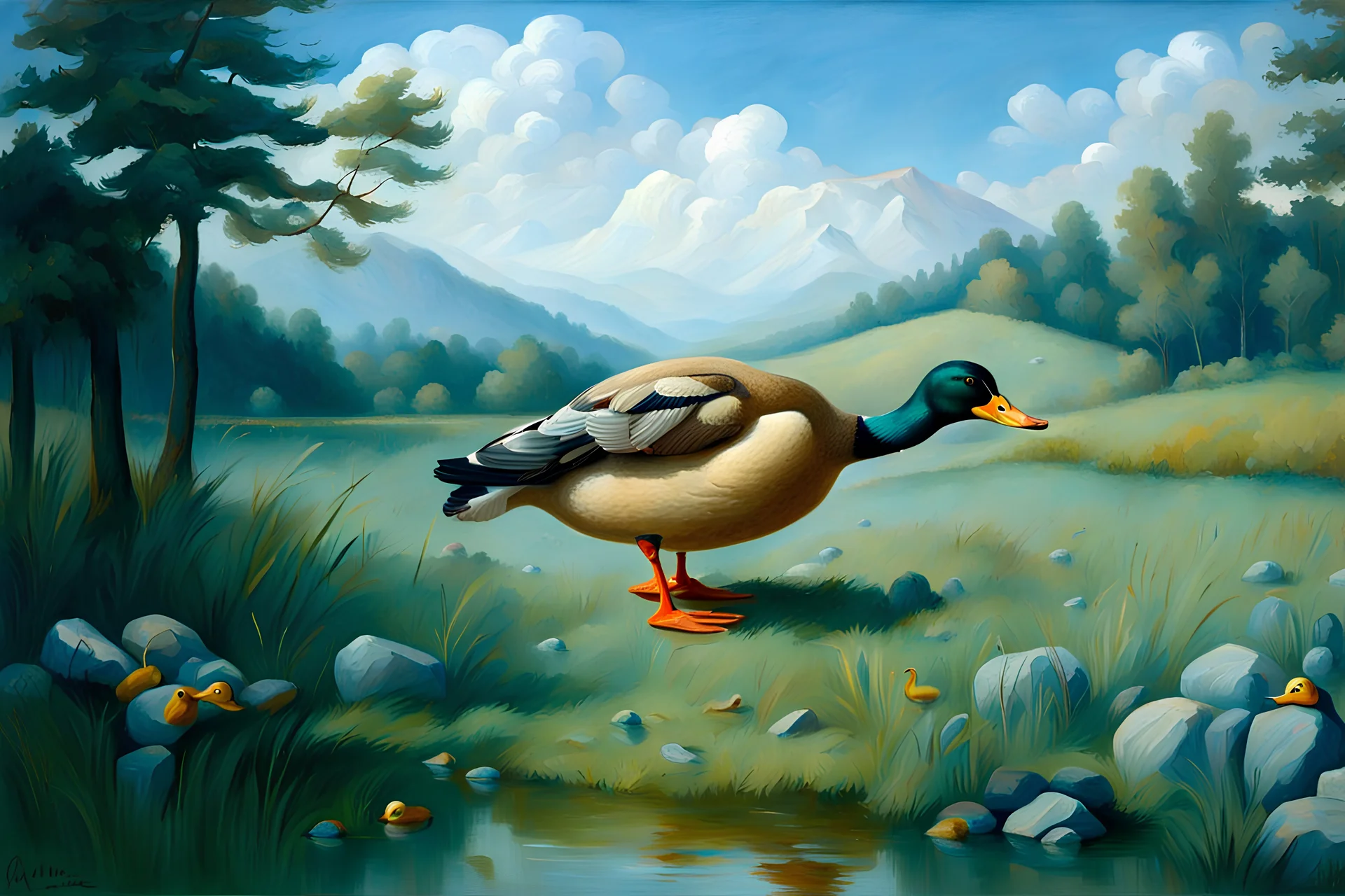 a Big stuffed duck. 19th painting