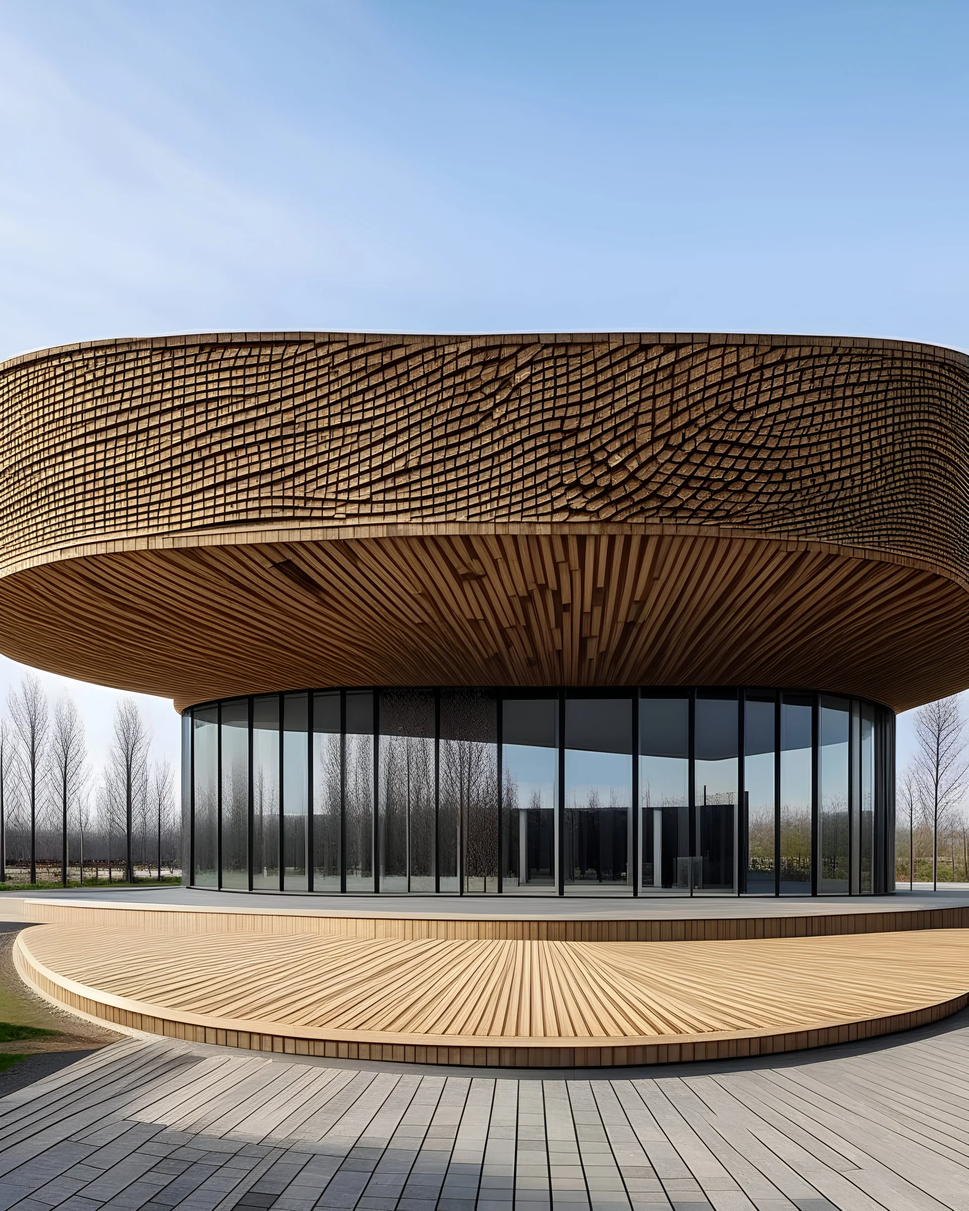circular building, one story, kengo kuma style facade, wood, modern design, raw photo