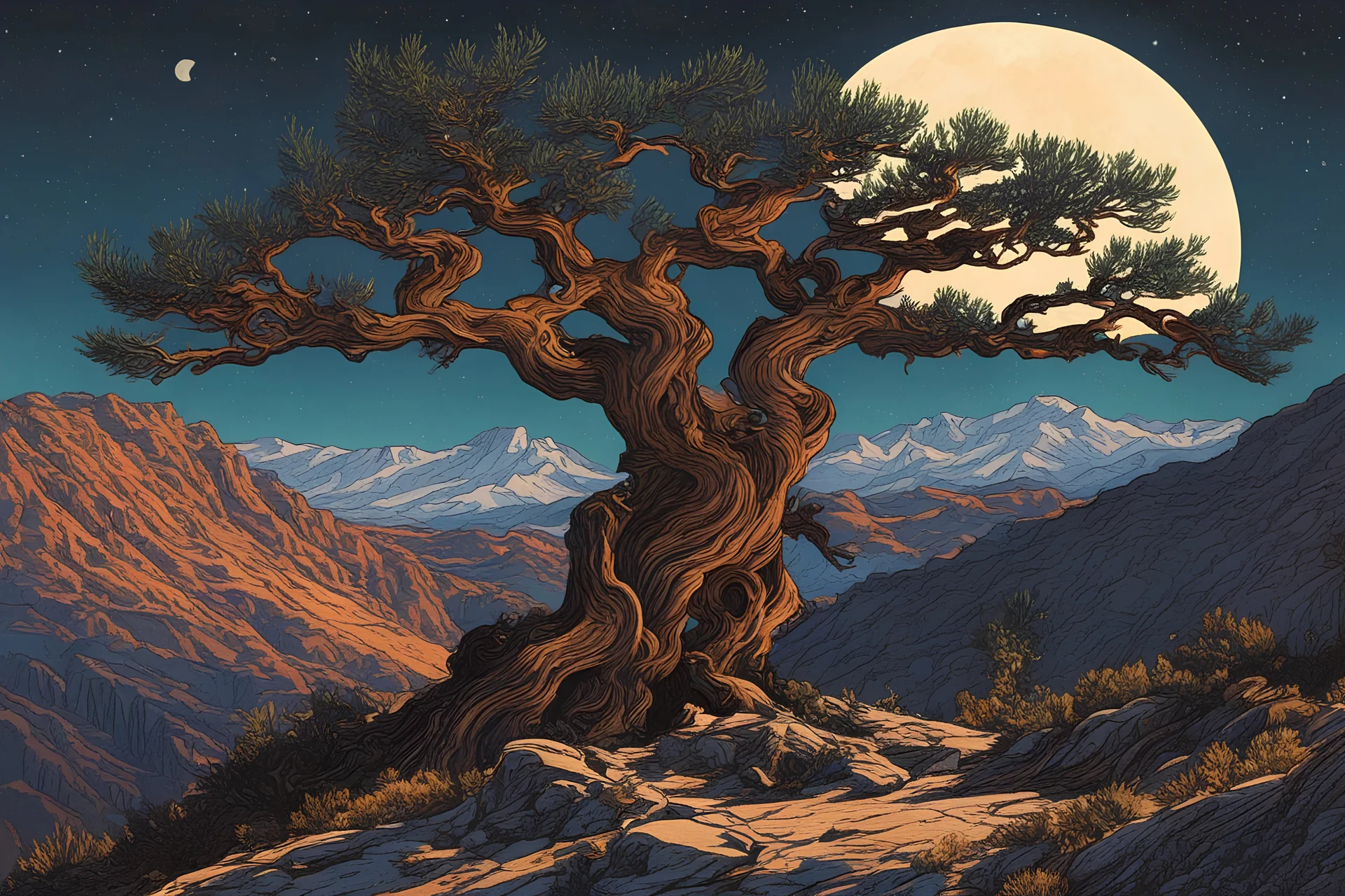 museum quality color woodcut of an ancient Bristlecone Pine , atop a rocky plateau ,high in the mountains under moonlight, in the style of Gustave Baumann, with a fine art aesthetic, highly detailed, finely cut ,8k render, reverent and sacred atmosphere