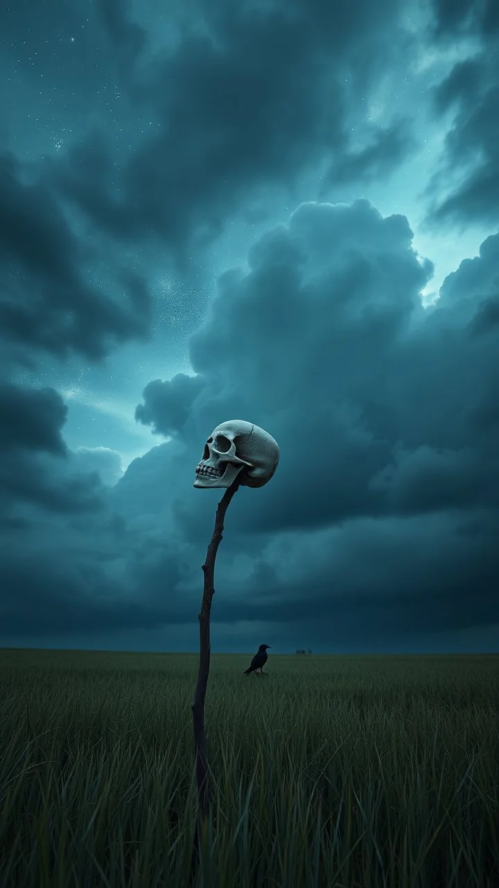 stars in the background and out of this world galaxy in a blue and gray cloud of stormy weather a thick stick fixed on the ground with skull put on the top of it , ultra hi quality picture with cinematic science, tragedy, a small black bird far in the horizon in the big field of grass