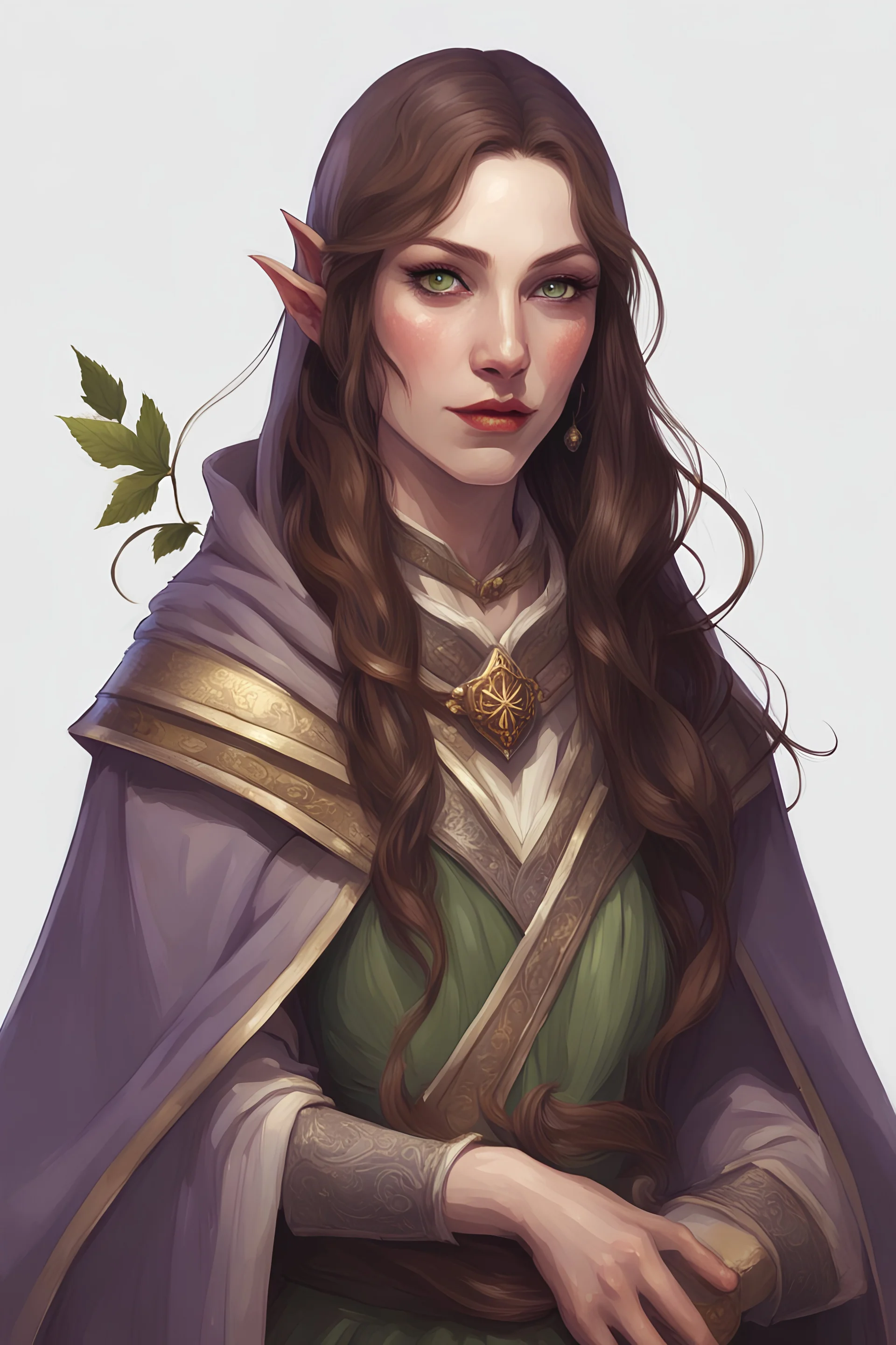 Pale green eyes. Lute instrument peaking from the back of the woman. Smirk. Beautiful female elf.