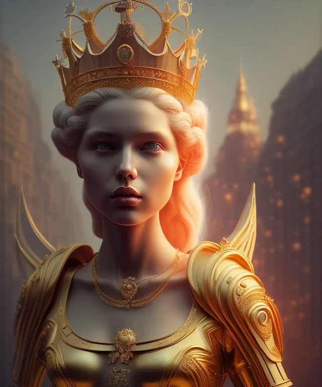 Statue of Queen of photography holding camera in hands. Cute blonde woman. Photographer in golden crown. Standing on the street. Big camera in her hand. hyperdetailed, photorealistic, trending on artstation, greg rutkowski, beksinski, kodachrome, volumetric lighting, gold and cyan