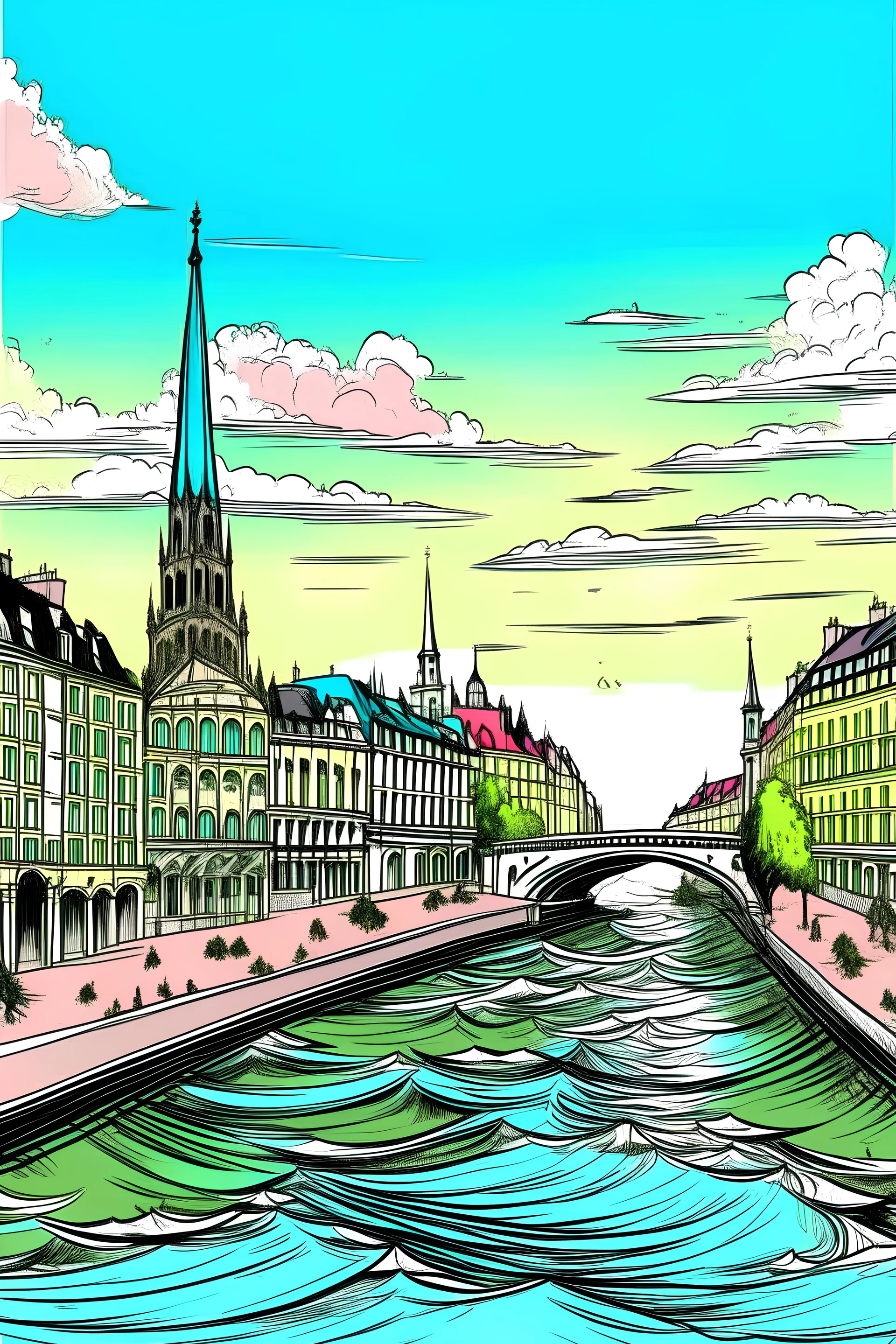 very romantic cityscape vienna with river, comics style