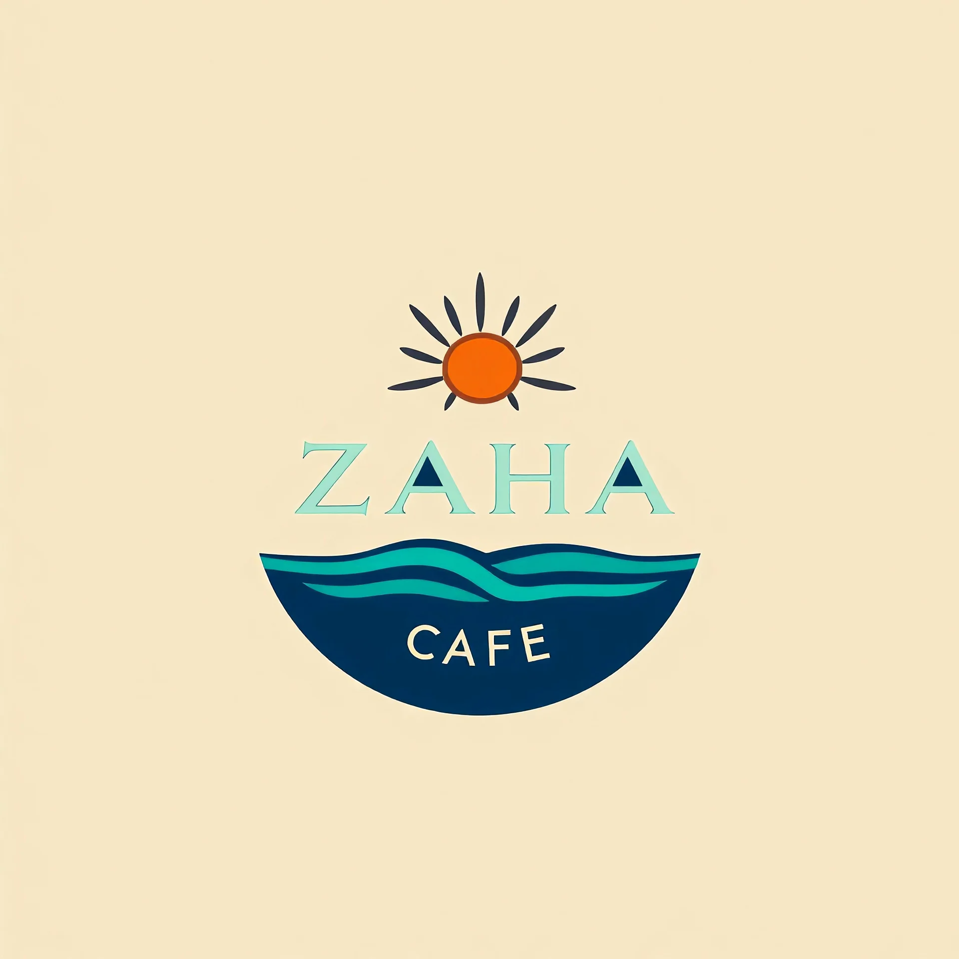 A circular logo with the name (ZAHA) designed for a cafe with the sun symbol and turquoise and indigo colors.