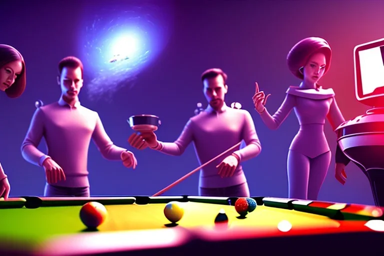 4 aliens. one is making tea. one is watching tv. one is playing pool. one is on the phone