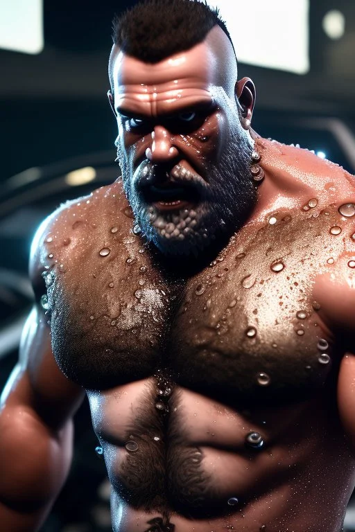 close up photography of a 39 year old dirty burly strong angry stocky turkish mechanics wet sweat, bullneck, short curly beard, short hair manly chest, white boxer, inside a car demolition parking lot, misery and poverty, open legs, photorealistic, look at camera, neon side light, very detailed , view from the ground , ambient occlusion