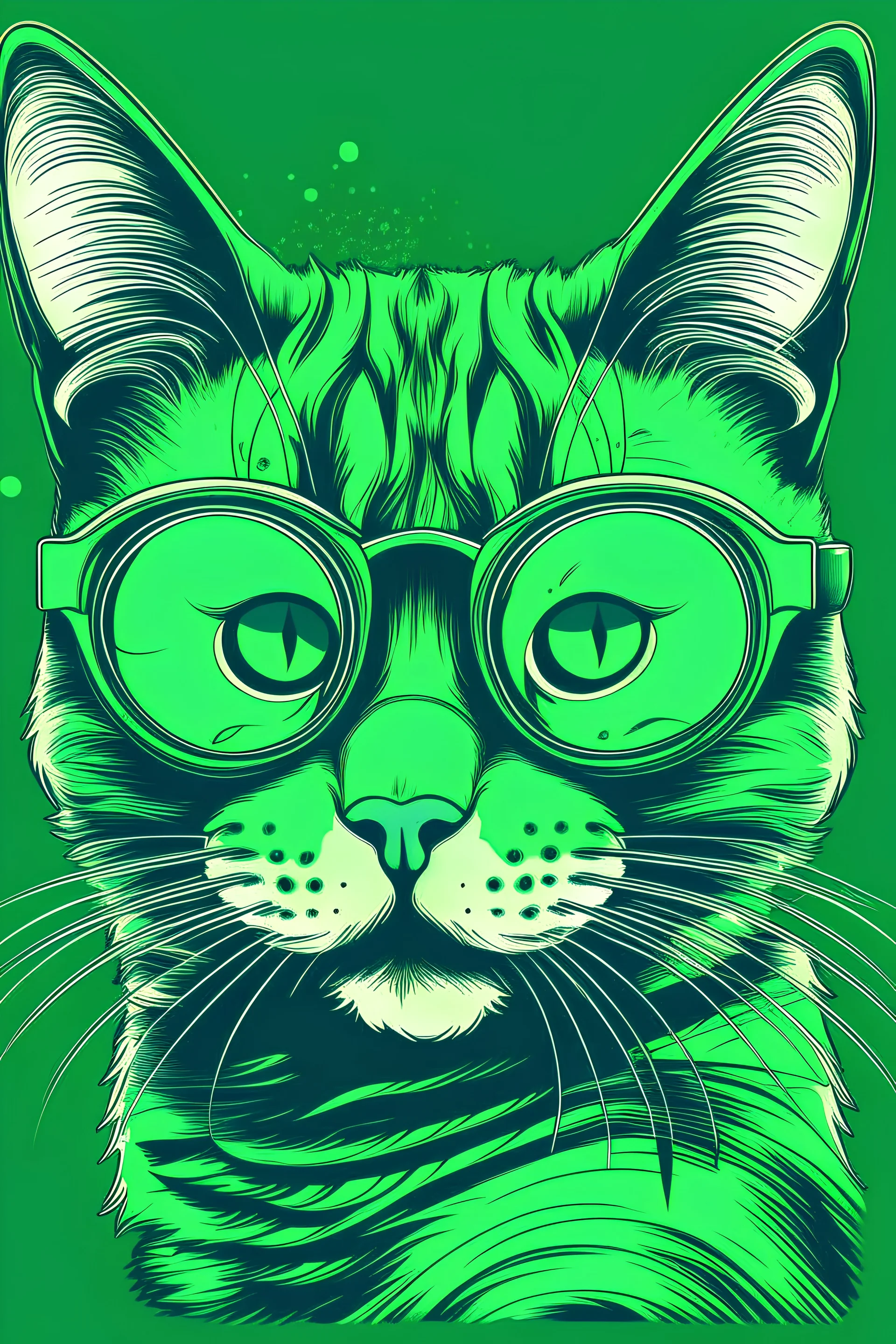 CAT wearing sunglasses, Style: NEW, Mood: Groovy, T-shirt design graphic, vector, contour, GREEN WITH background.