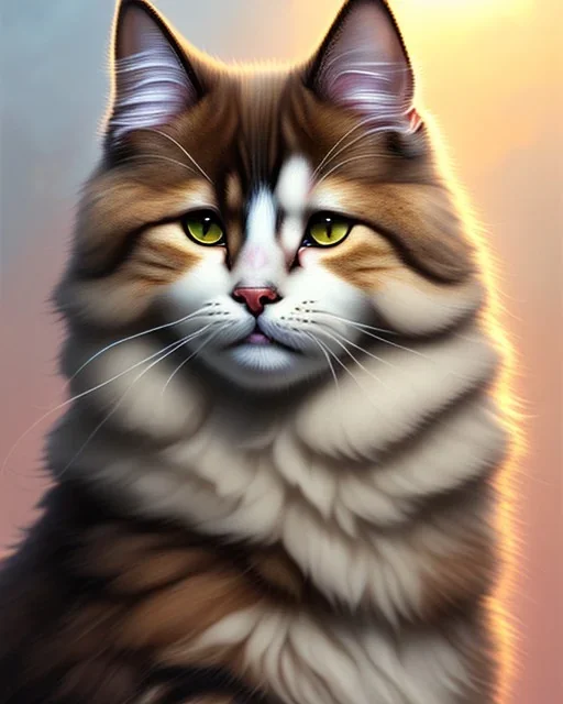 A cute fluffy Cat, full-scale head and shoulders portrait, 8k resolution concept art portrait by Greg Rutkowski, Artgerm, WLOP, Alphonse Mucha dynamic lighting hyperdetailed intricately detailed Splash art trending on Artstation triadic colors Unreal Engine 5 volumetric lighting Splash art fantasy"