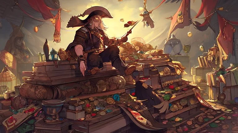 Pirate Queen sitting on a pile of treasure