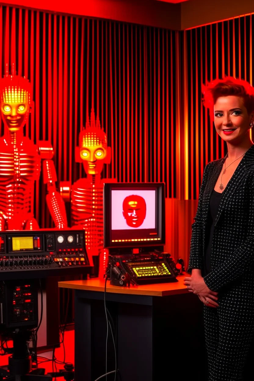 Portrait of a radio host and a Terminator-style robot in a burning radio studio