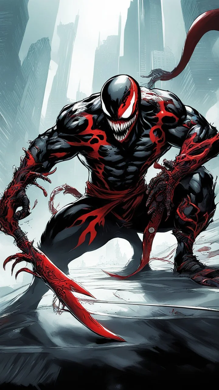 A close picture of Venom symbiote with kratos red tattoos and Clothes, holding blade of choice