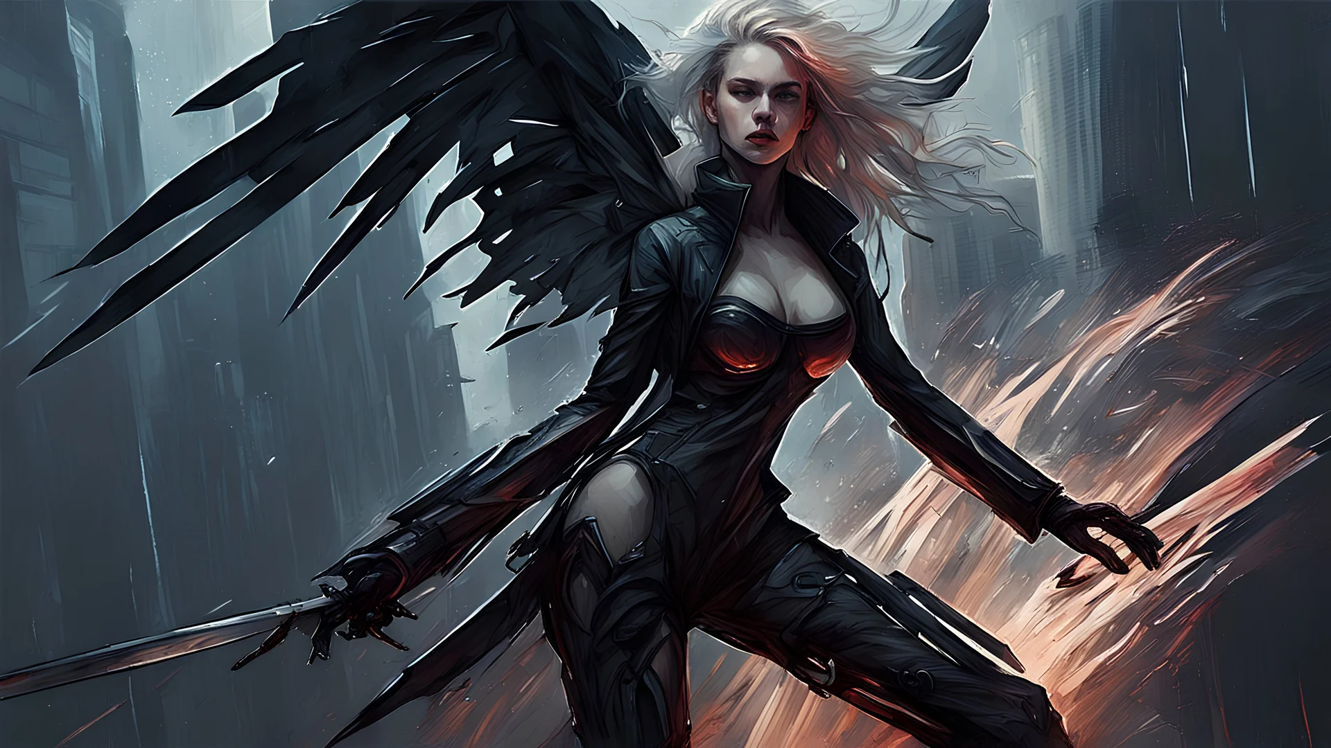 biomechanical women, beautiful, cyberpunk, dusty blonde, short square, large biomechanical black wings, sword, cybernetic, dynamic pose, rain, wind, ashes, flashes of fiery threads, sketch art, fine lines, grunge, sensual, darkness, dark colors, by Raymond Swanland & Alyssa Monks & Anna Razumovskaya