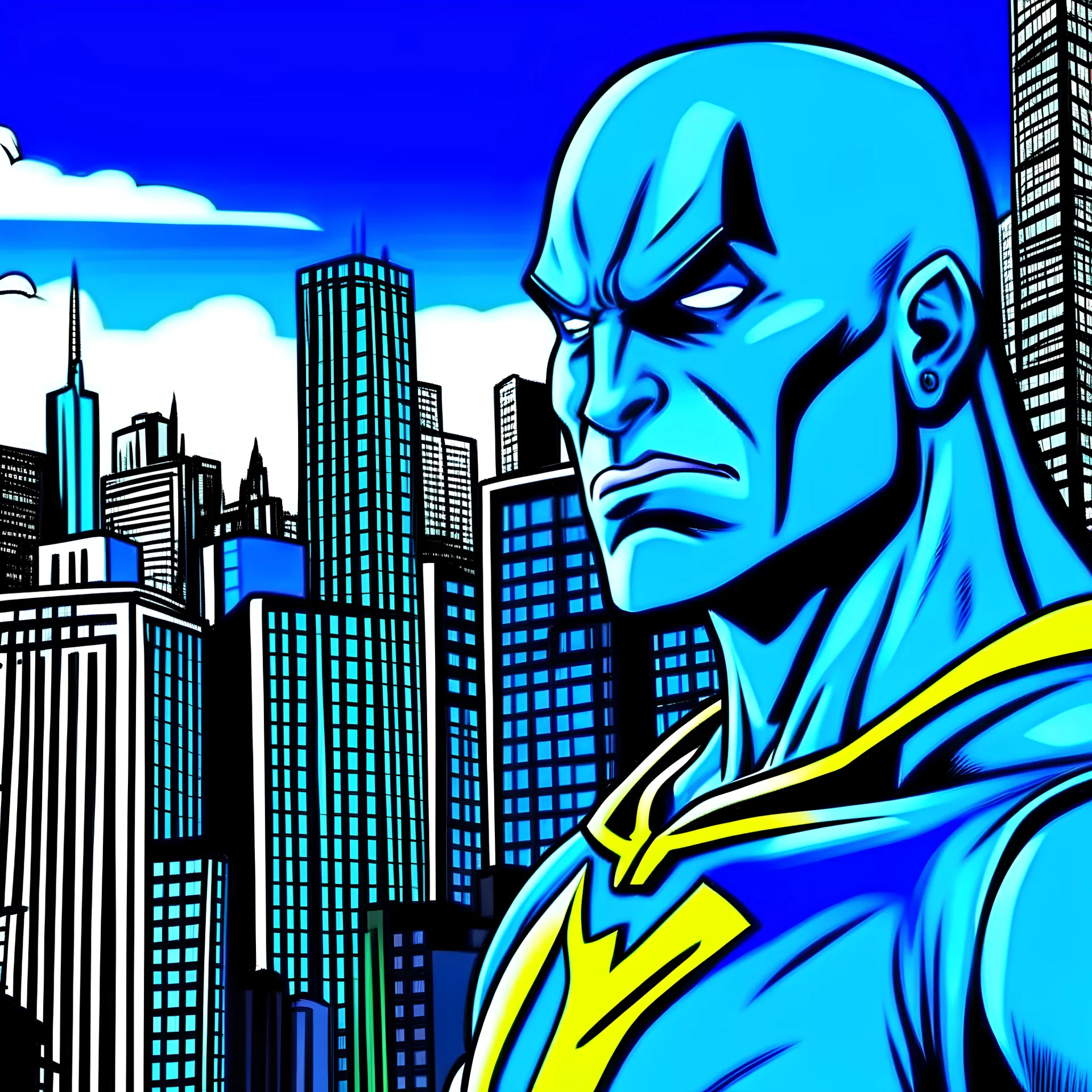 comic book character closeup city background