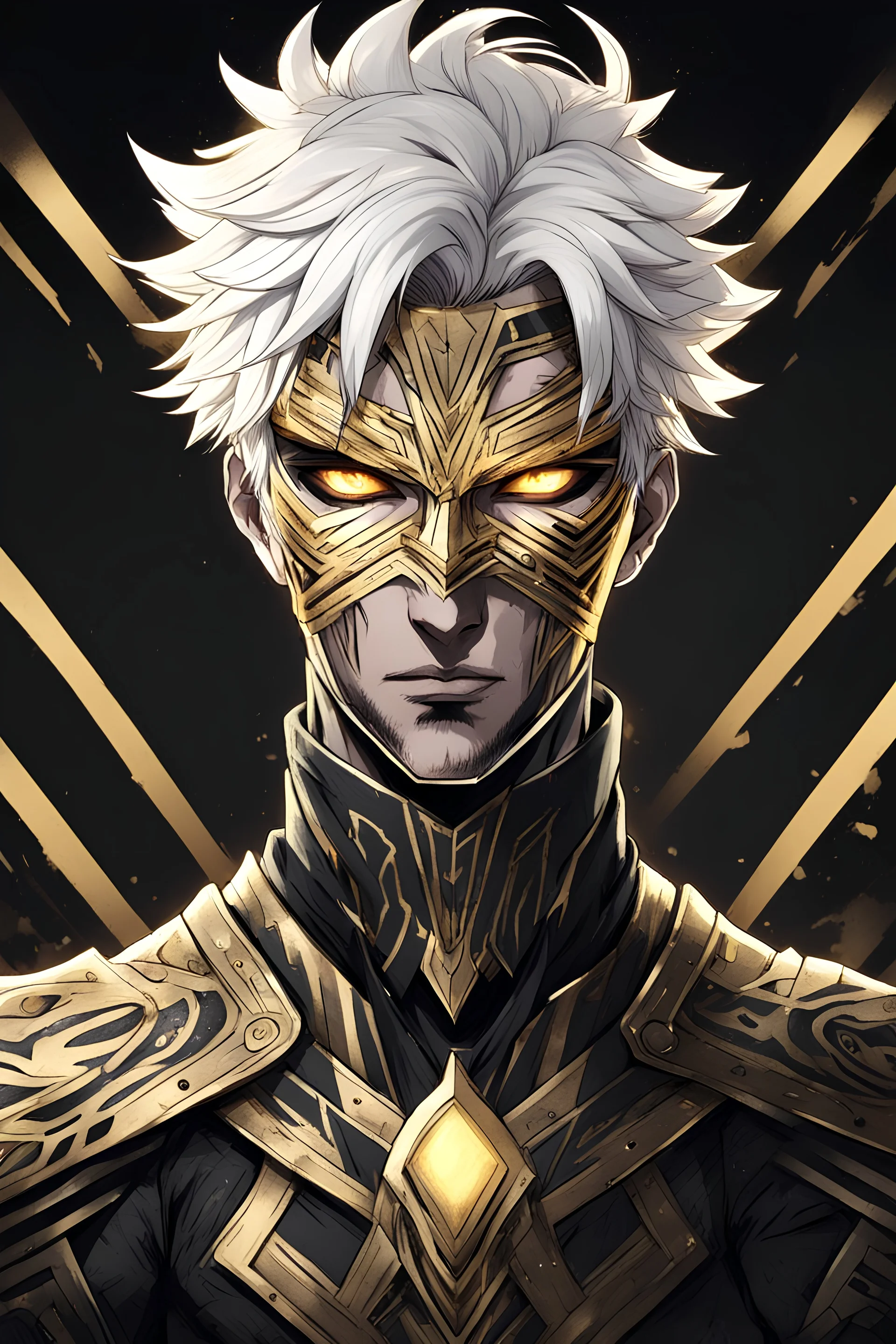 Simple Anime Style drawing, 39 year old Adult Male, Short Messy White Hair, Glowing golden eye surrounded by dark lines, Black tribal tattoo covering face, black and gold armor