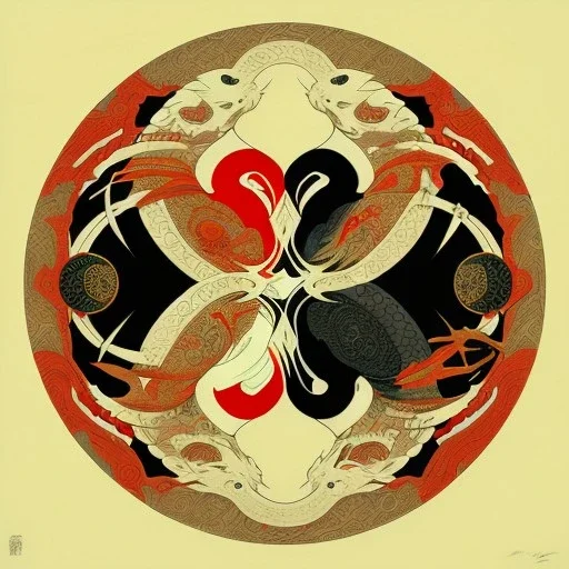 Ukiyo-e styled art, yin and yang sign