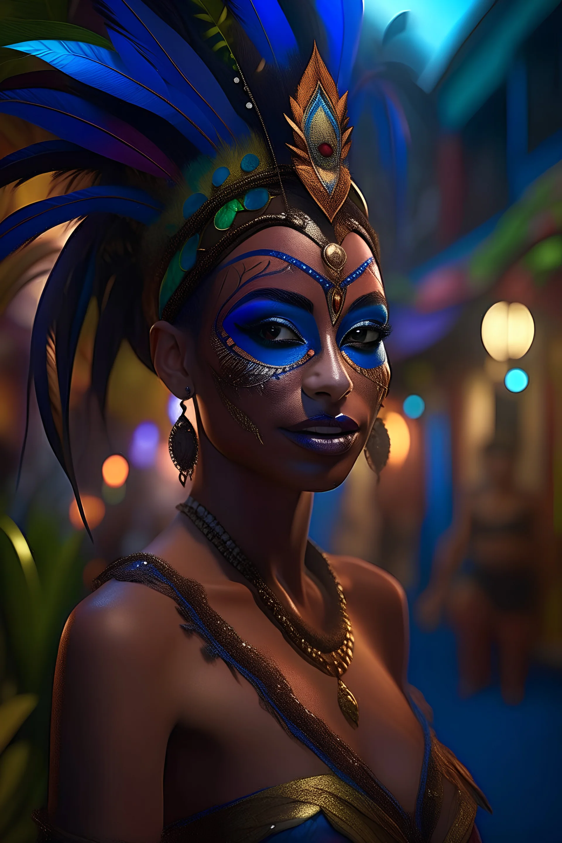 Generate an immersive portrait 3D rendering in the '3D Rendering style,' showcasing a female voodoo character in make-up and costume celebrating the Mardi Gras. Use advanced 3D techniques to bring this twilight epic scene to life. She is in her mid-twenties, showcasing exquisite beauty and an unwavering expression of resolve in an atmosphere of mystery, danger, and celebration. Her bright costume stands proudly highlighted by the interplay of shadows and faint beams of candlelight. The ima