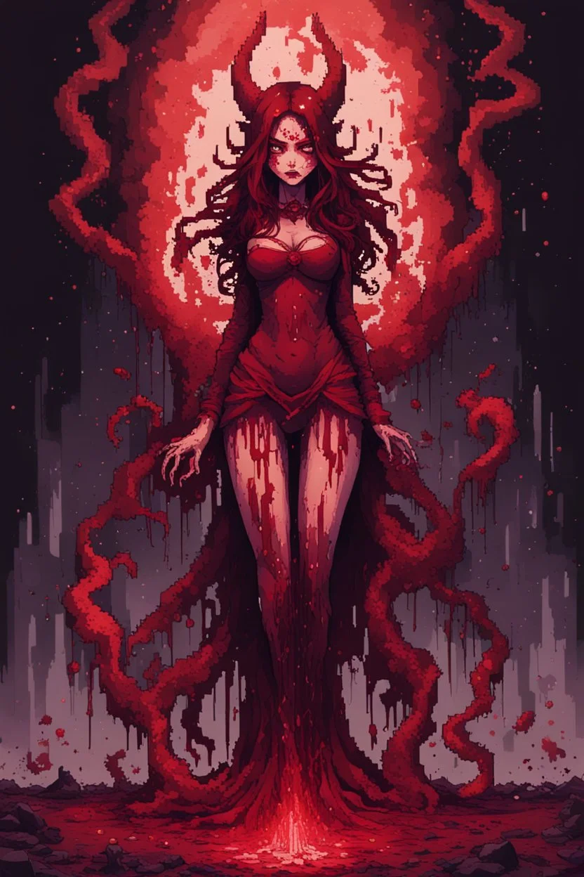 Demon girl wizard in front, fullbody, behind blood guts rising from the ground, darkred tones,cosmic horror, nightmare, galaxy, 8bits, pixel art,