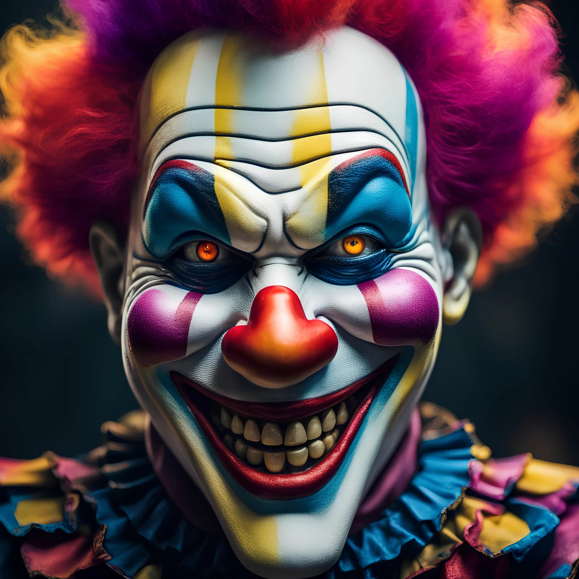 a robotic face of a clown, colorful vibrant colors, villanous grin smile, cinematic, Dark DC comics movie effect