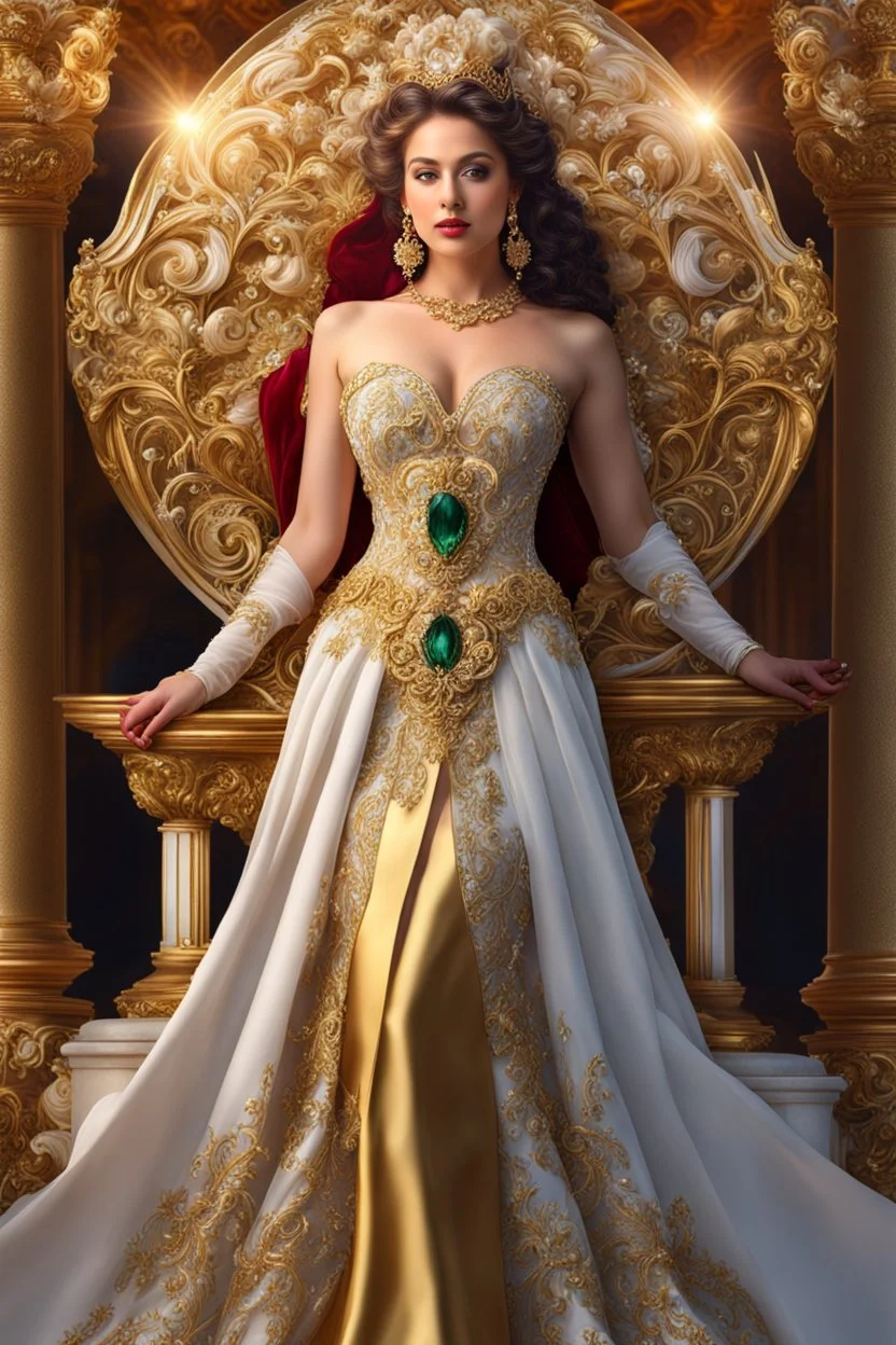 Photography realistic Beautiful Queen Angel wearing a magical gown of swirly flowing marble water gold filigree curlicues, flowering flowers, bloom, sparkle, ornamental gilt, diamonds, rubies, emeralds, sapphires, beautiful, delicate, intricate, elegant, graceful, shiny, Hyperrealism, Rococo, expressive, spherical, zoom out, volumetric lighting