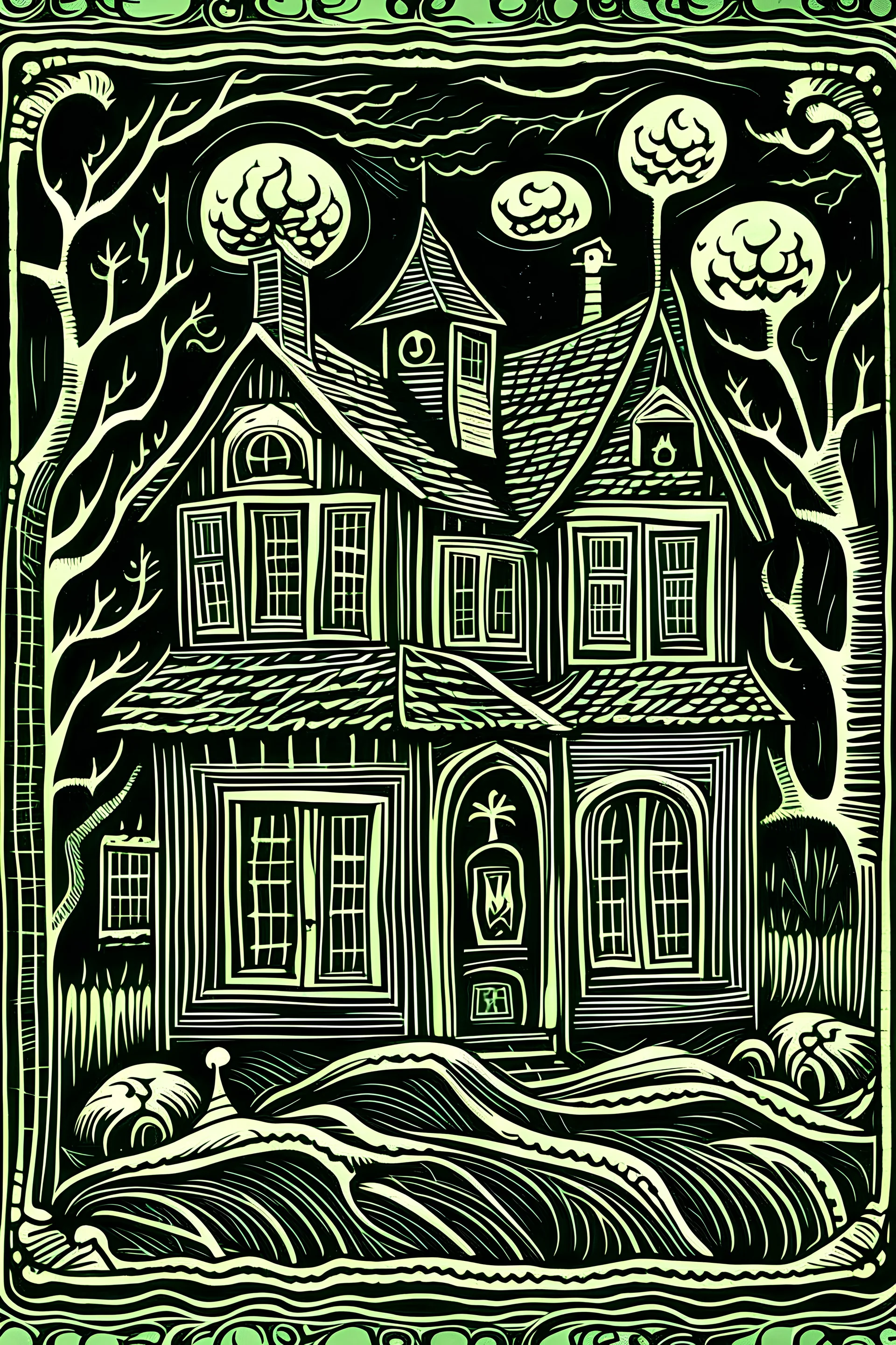 Linocut haunted house