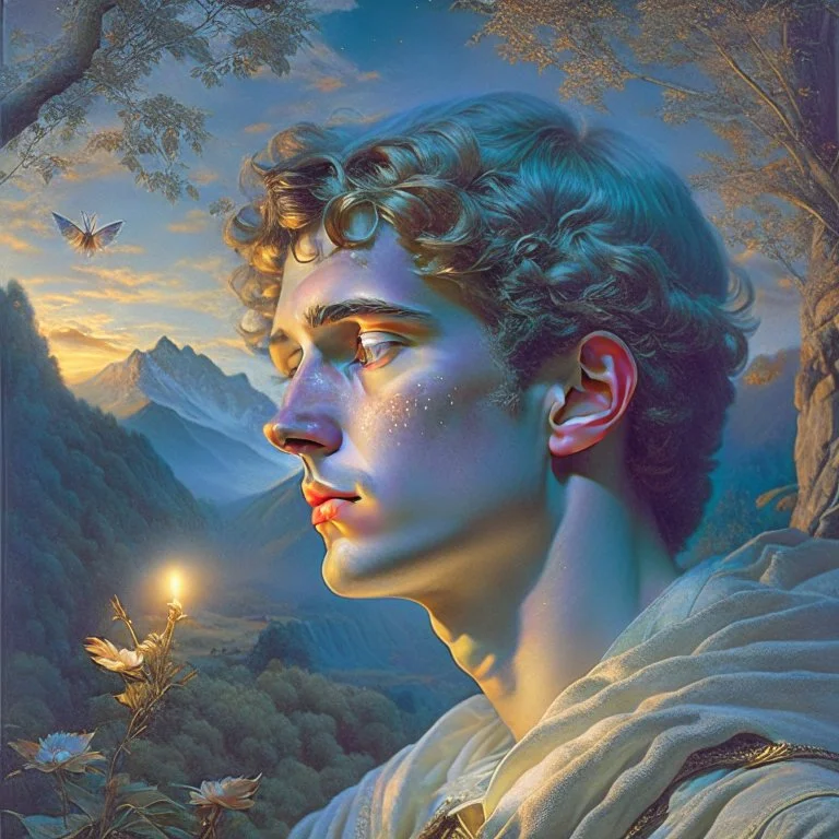 Rupert Witherspoon, pensive, perfect eyes, soft light, fireflies, moon, night, mountains, trees, fantasy, detailed, 85mm, RTX, Bouguereau, Alma-Tadema