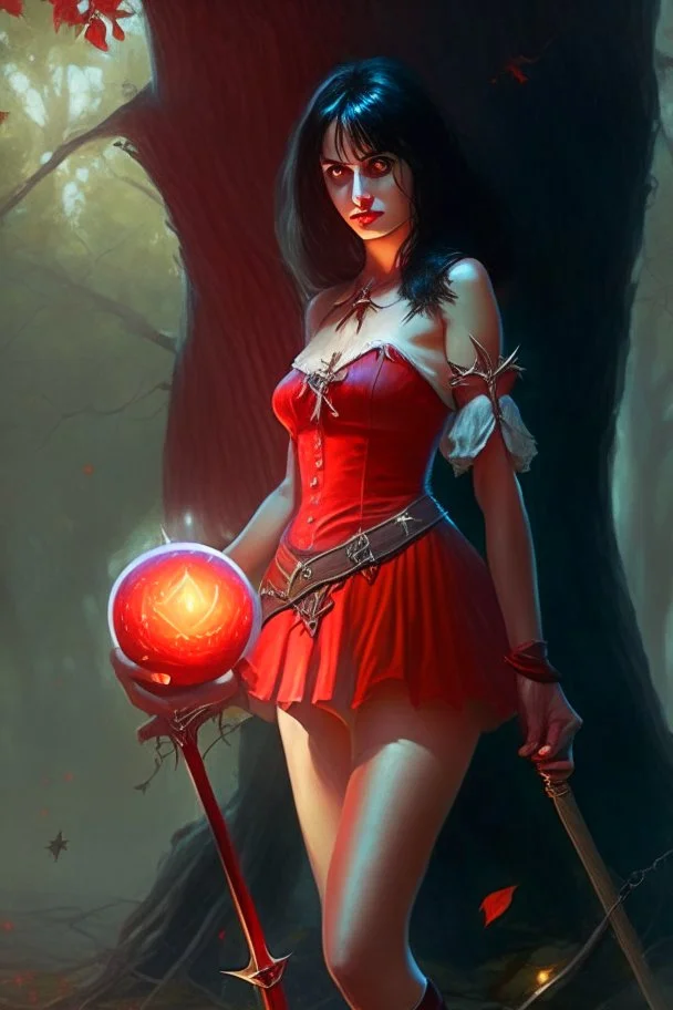 A young dark-haired witch in a red low-cut short skirt, standing under a tree, with a sword on her hip, glowing ball in her hand, photorealistic, delicate detail.