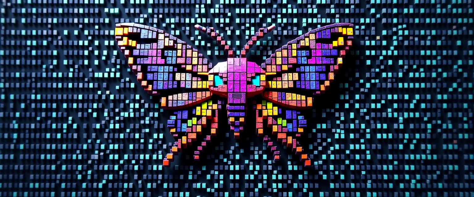 a qr code that looks like a space invader alien 3d voxel butterfly with colors from the rainbow spectrum