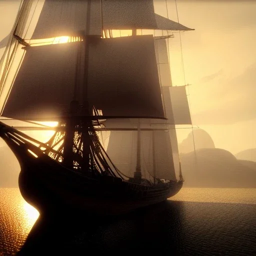 photo of a ultra realistic sailing ship, dramatic light, pale sunrise, cinematic lighting, battered, low angle, trending on artstation, 4k, hyper realistic, focused, extreme details, unreal engine 5, cinematic, masterpiece, art by studio ghibli, intricate artwork by john william turner