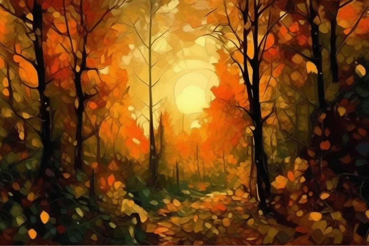 baroque style sunset in the forest, painting with kaleidoscopic touches, in the style of Claude Monet