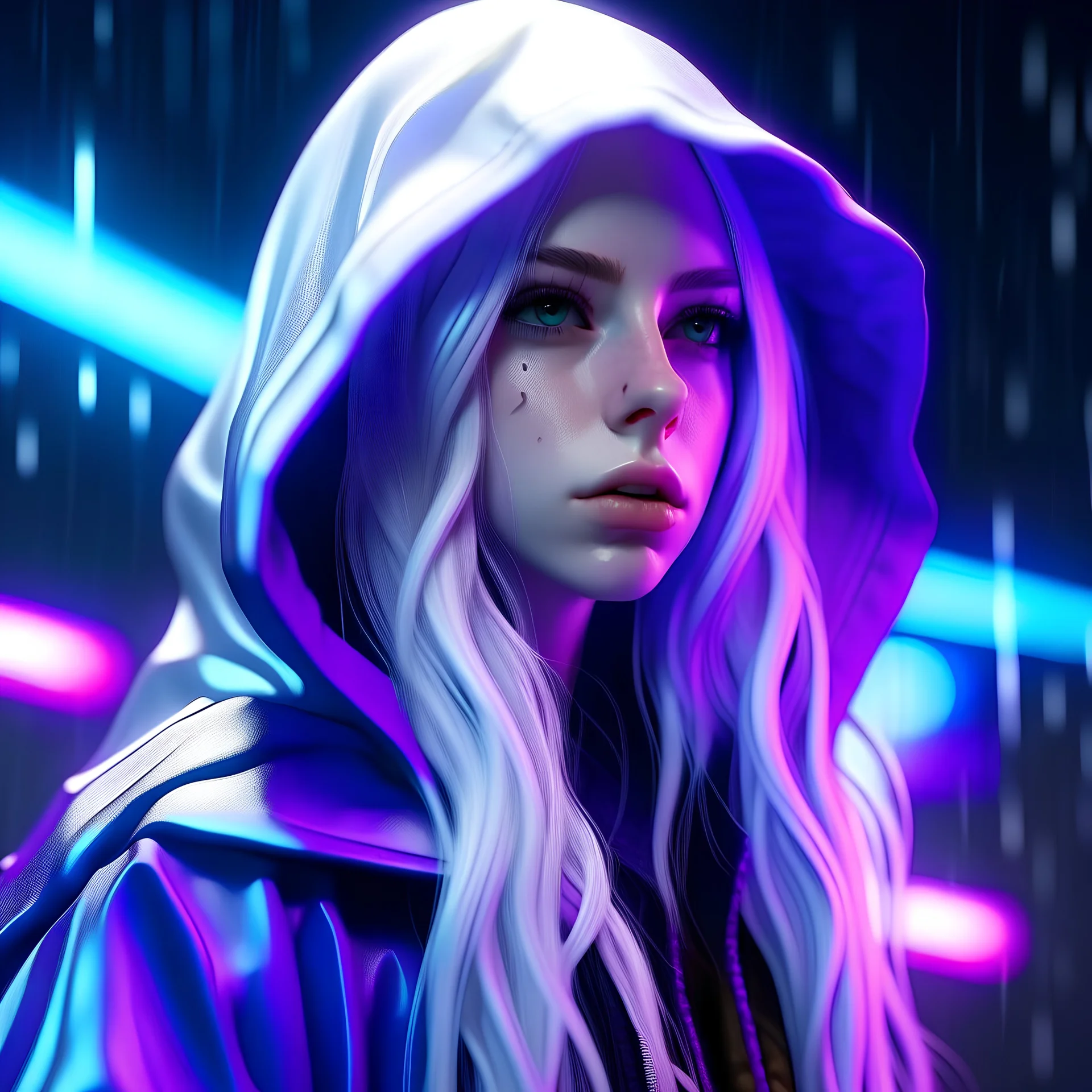 hyper detailed full HD resolution 8k a beautiful woman, albino, white hair, a beautiful goth woman with long black hair, wearing a plastic raincoat, purple neon lighting, 8k, high quality, highly detailed