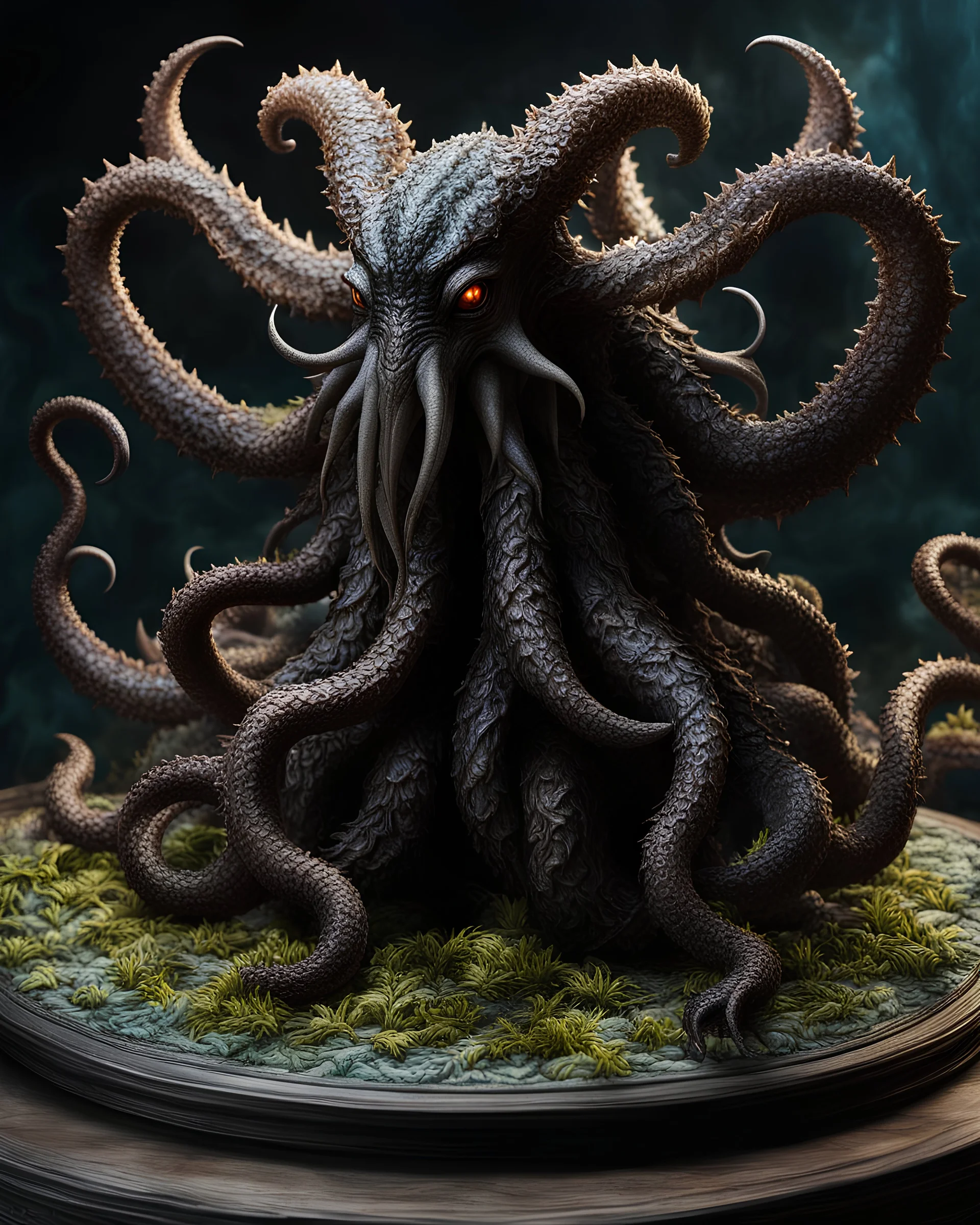 tabletop role-playing miniature of a amorphous-tentacled-creature-shub-niggurath-baphomet-hybrid. full body. concept art in the style of william morris dante Gabriel rosetti alan lee. hyperrealism 4K ultra HD unreal engine 5 photorealism.