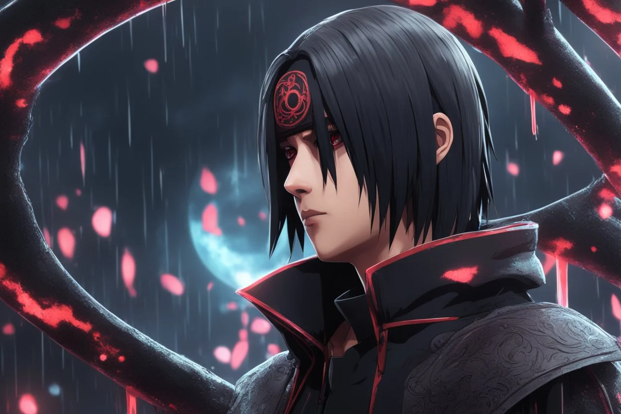 Itachi Uchiha in 8k nier automata artstyle, 2D them, Uchiha Custom, neon effect, close picture, rain, fantasy world, intricate details, highly detailed, high details, detailed portrait, masterpiece,ultra detailed, ultra quality