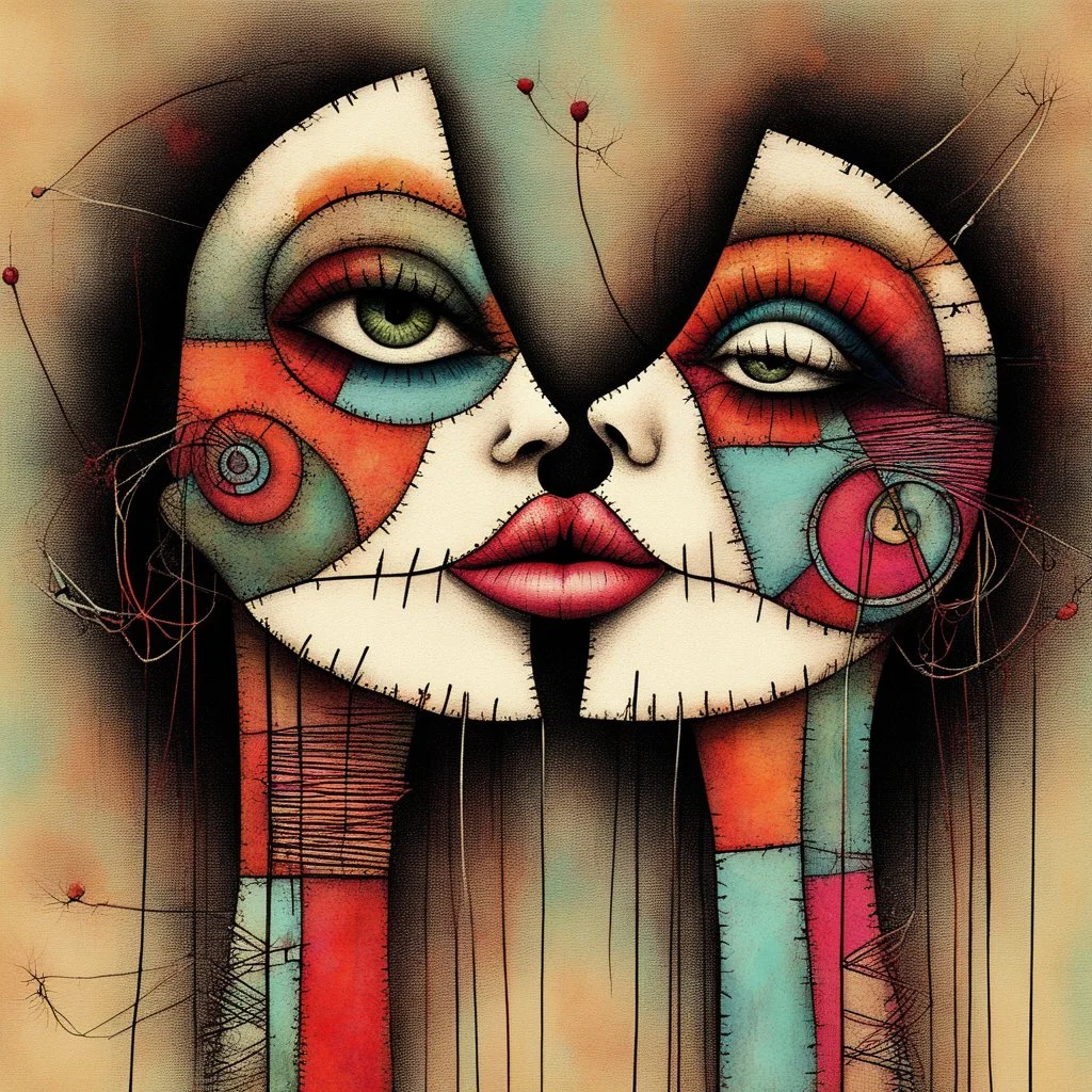 Whimsical kissing: This strange asymmetric abnormal kissable beautylady has a head that looks like a triangle, a square and a circle sewn together with cords. Colorful abstract art, mixed media. Disturbing, turpistic, dark. Scratches. Kissing background.