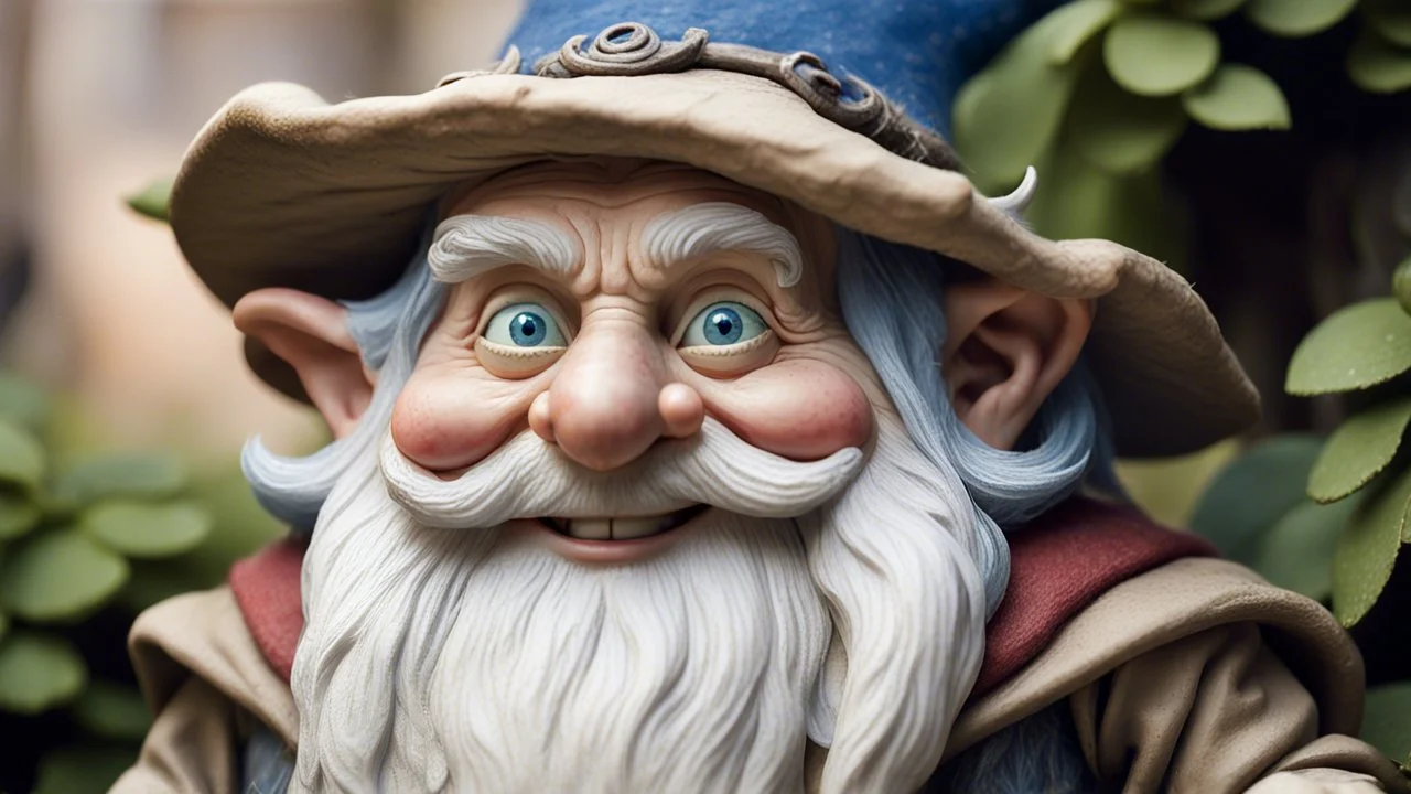 A close up view of an old smiling gnome showing detailed wrinkles ,largish nose , full round cheeks, nice welcoming blue eyes, old scraggly long white beard with largish pointed ears , wearing a big old pointed hat just covering the tops of his ears dressed in an old long cloak to match his hat , standing with a few bushes around him but only his upper torso in the picture with a misty forest background behind with the trees barely visible.