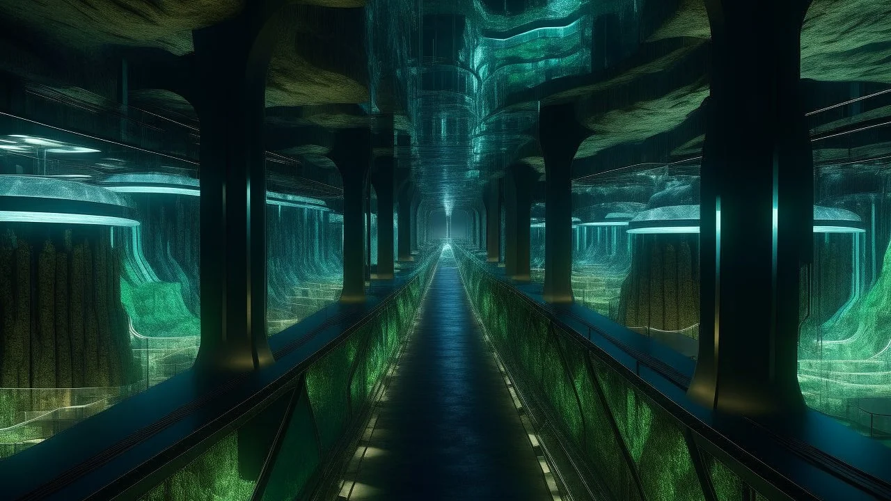 An underground city with glass structures and illuminated tunnels