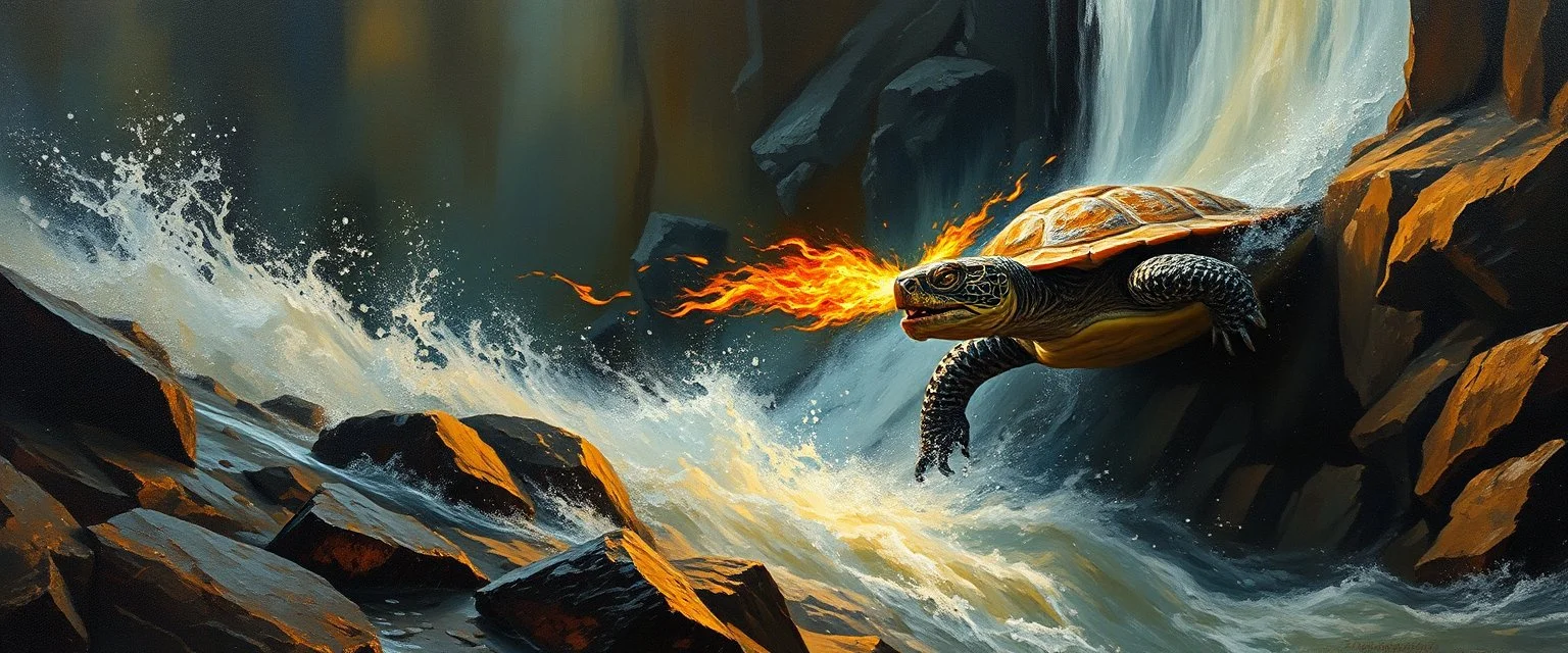pin hole picture, master oil painting by Rembrandt, good afternoon turtle dragon with fire breath rushing down a water fall, in mountain pass, sci fi, cyberpunk, lol