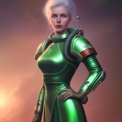 Young Woman as a ruggedly beautiful retro sci-fi space marine in a green pvc outfit, 1985, intricate, elegant, highly detailed, centered, digital painting, artstation, concept art, smooth, sharp focus, illustration, art by artgerm and donato giancola and joseph christian leyendecker, ross tran, wlop