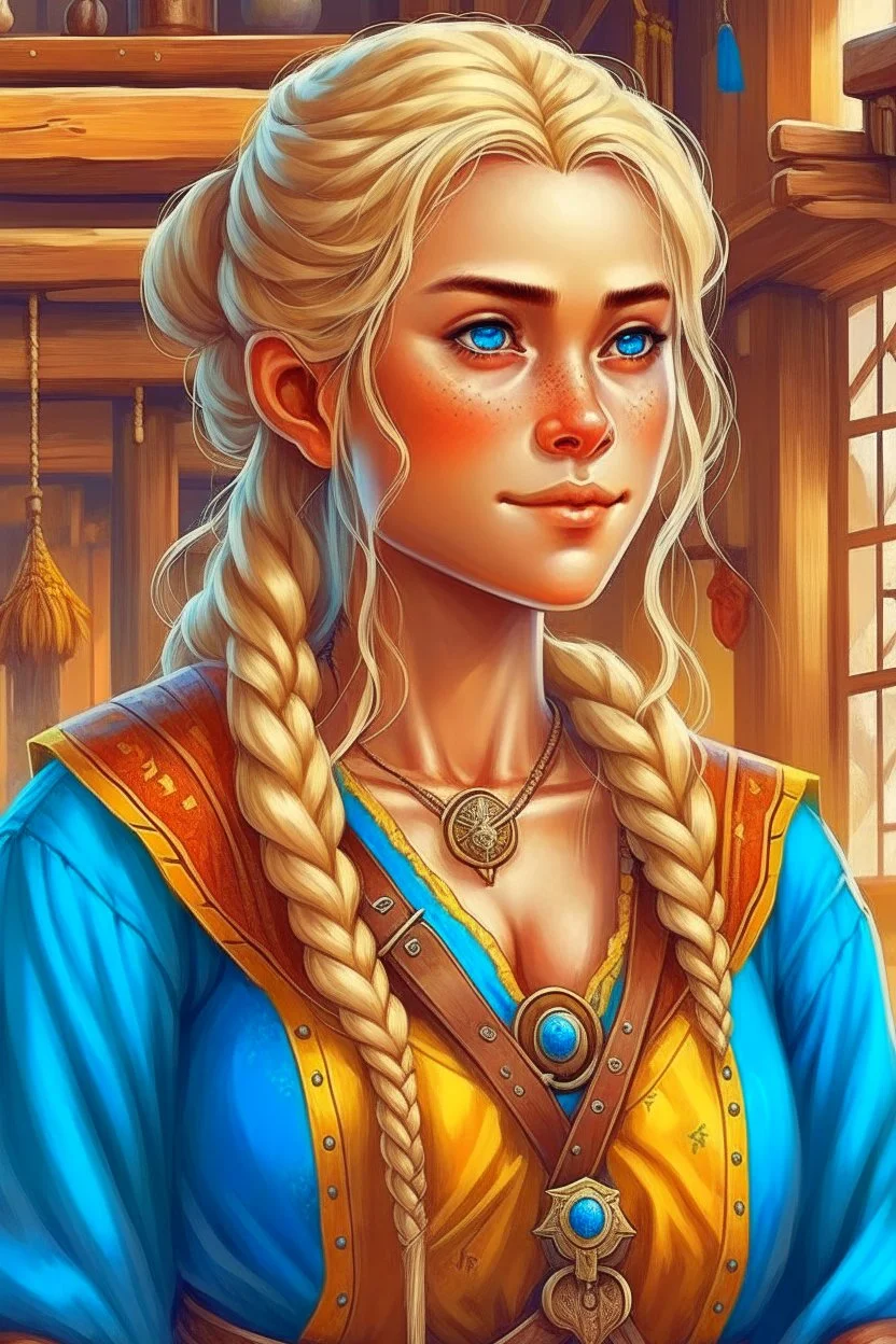 pretty girl, aged 25, blonde, conventionally attractive, bright clothes, medieval, viking, realism, dreamy, adventurer