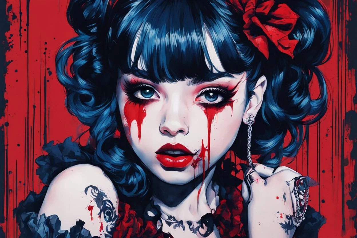 Poster in two gradually, a one side malevolent goth vampire girl face and other side the Singer Melanie Martinez face, full body, painting by Yoji Shinkawa, darkblue and red tones,