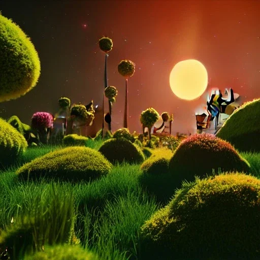 scifi landscape, lighting plants, flovers, another planet in sky, herbivore alien animals that graze, beautiful, attractive, deep colours, 8k resolution, dynamic lighting, ultra hyperdetailed, intricately detailed, Unreal Engine 5, ultra colourful, very small details