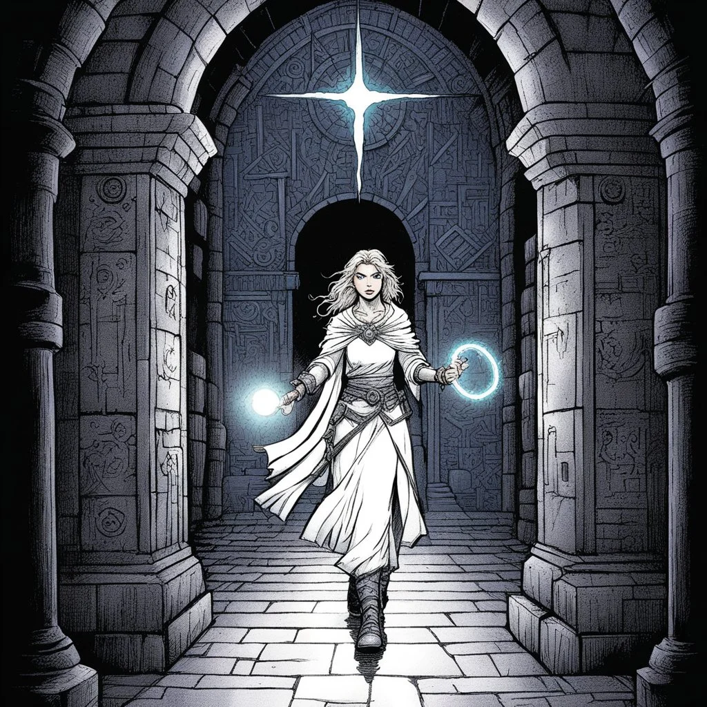 [illustration by Kevin Eastman and Peter Laird] Seraphina walks, light behind her, her face etched with concentration as she guides the group forward with the aid of the glowing key along the passageway walls. "These symbols..." she murmurs, "they're older than anything I've ever seen before. The key pulses in her hand, sending waves of silvery light down the corridor ahead. You notice the shadows seem to recoil from its light, as if in fear.