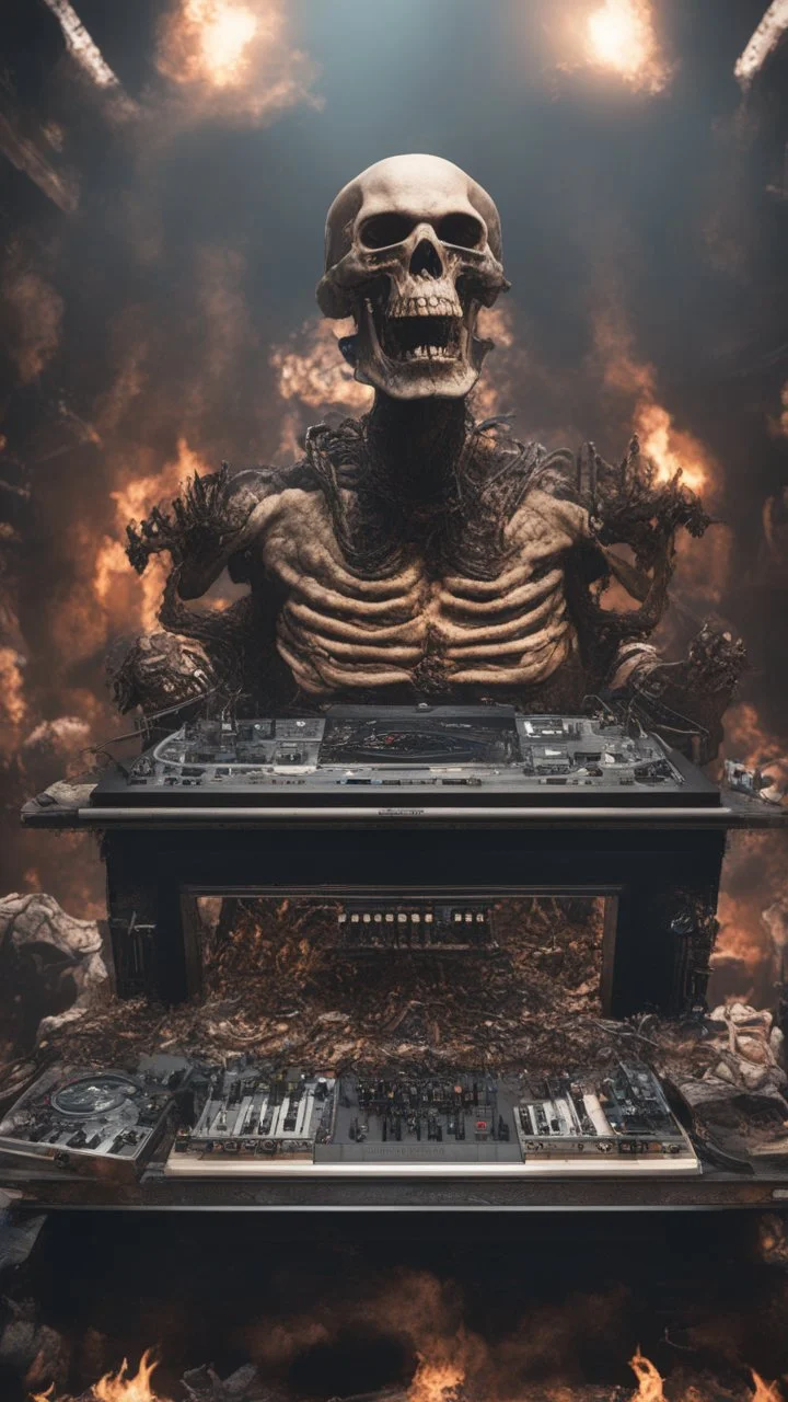 DJ of the damnded, insanely detailed DJ booth in hell, MID set, speakers and equipment made of bone, anatomically correct, add more skulls in th audience, photorealism, vray, 8k 3d