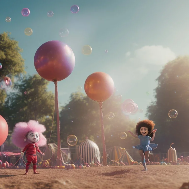 Ultra realistic circus scene. Sweet big hair monster flying. Child’s playing, strong man, smile, happy, color bubbles, smooth color, waist up view, Wes Anderson style, dark ambient, highly detailed, concept art, unreal engine 5, god rays, ray tracing, RTX, lumen lighting, ultra detail, volumetric lighting, 3d, finely drawn, high definition, high resolution.