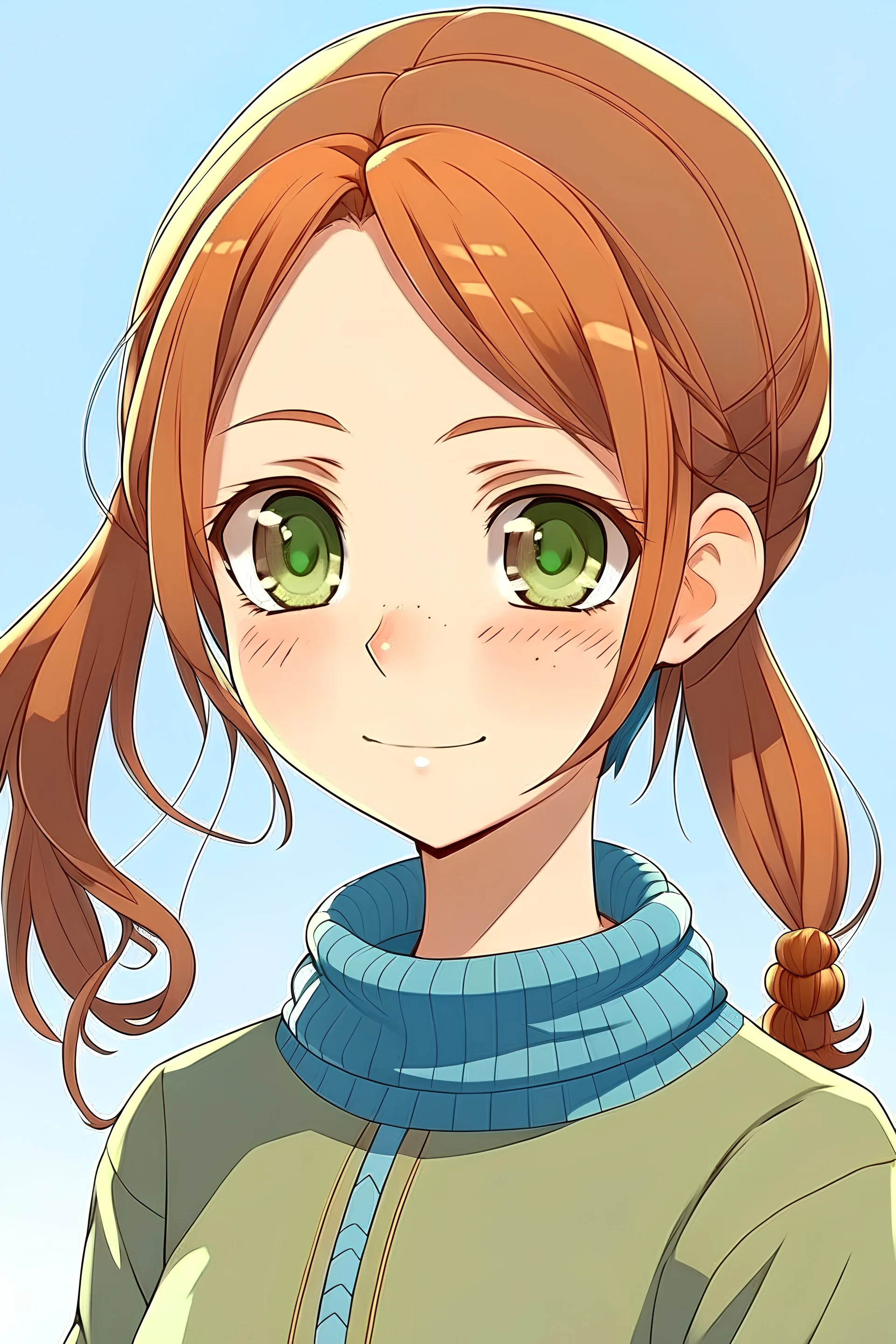 anime Pretty woman with reddish brown hair and light blue eyes and a pony tail with braids wearing a turtle neck sweater and having olive skin tone, slim and shapely