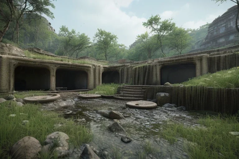 deep in a lush south asian cave bunker system, intact bunkers from war long gone, waterfalls around, realistic concept matte art, hdr, volumetric clouds, shaded reflections, ripples, morning dew, torches, moss, roots, debris and rubble, spots of randomly placed dense ground fog and fires, unreal 5 engine, intricate, small minutiae, tiny features, particulars, 8k, uhd, concept art, one pixel brush, vitality colors, tomb raider style, enhanced quality anti-aliasing, eqaa