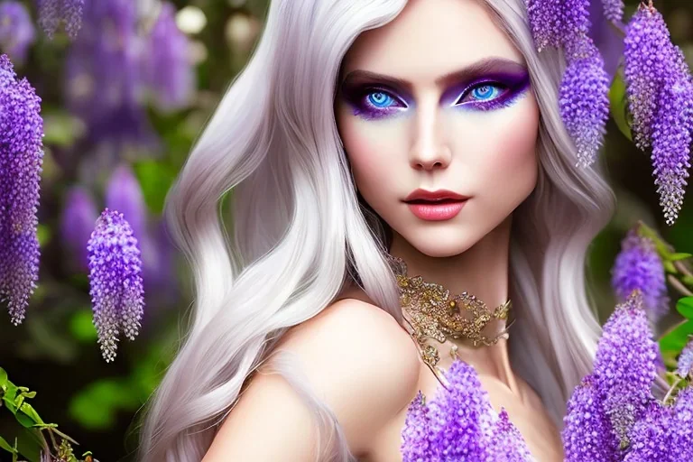 Fantasy cute elf with transparent wings, smiling, make up, long blond platinum hair, blue eyes, crown, beautiful dress, wisteria flowers and mushrooms in background, HQ, high key lighting, volumetric light high details