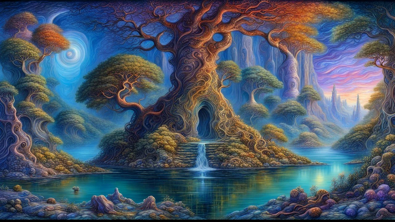 Imaginary landscape trees. . And he sells. Meh. lake.Underwater ornamental perfect anatomy, fantasy, vibrant digital art professional award winning masterpiece, oil on canvas Atmospheric extremely detailed Josephine Wall