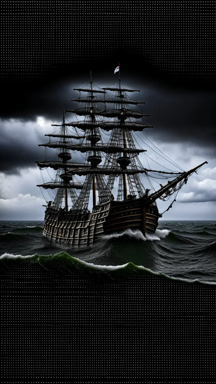 Pirate ship surround by ocean water, hurricane storm