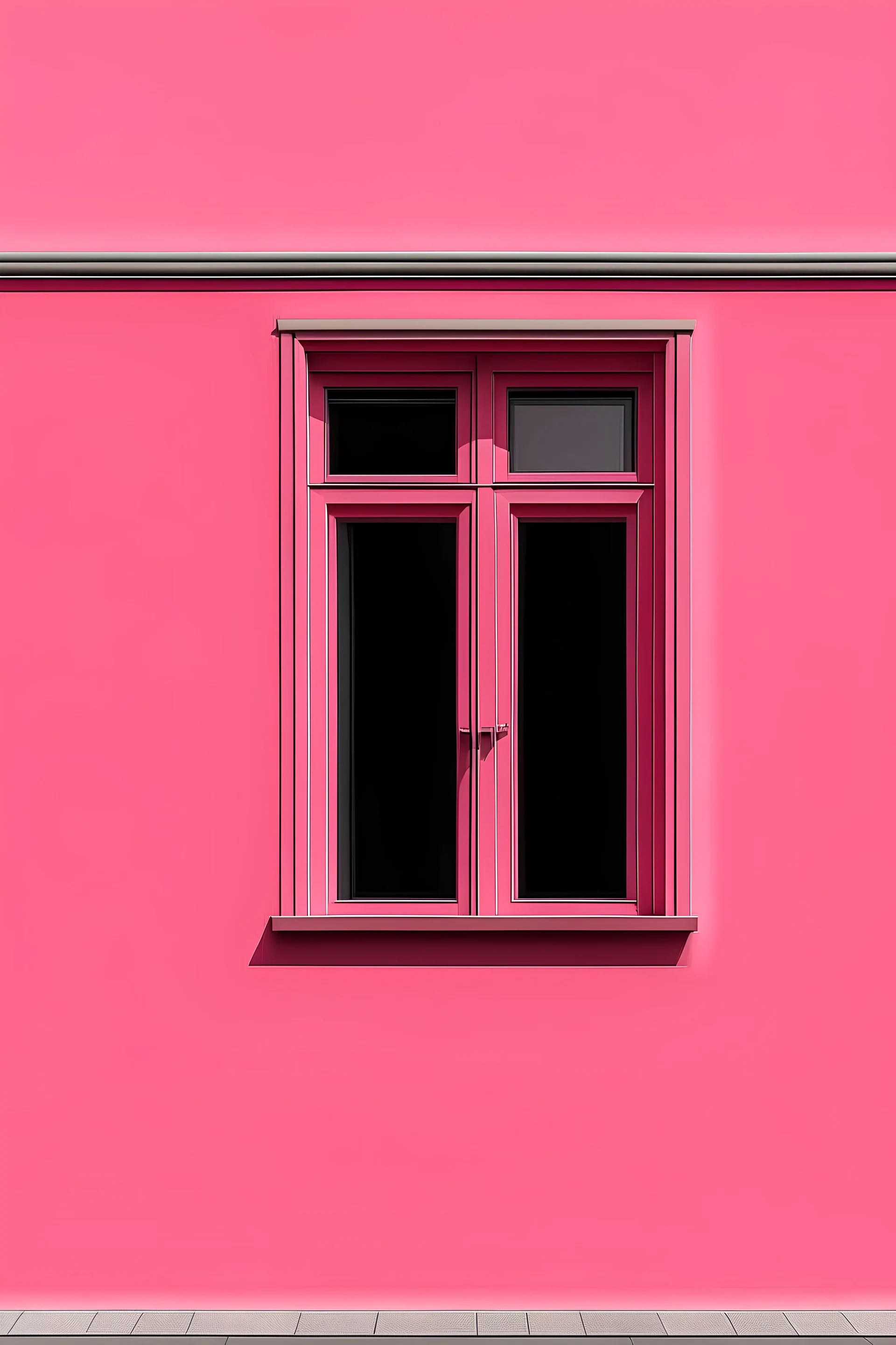 large pink wall, red window frame on the right side of the wall, black background behind the window