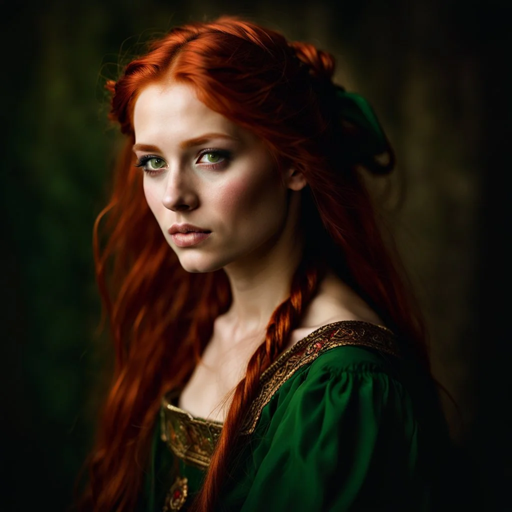 Portrait of a young peasant girl aged 18, long red hair and green eyes. dark fantasy.